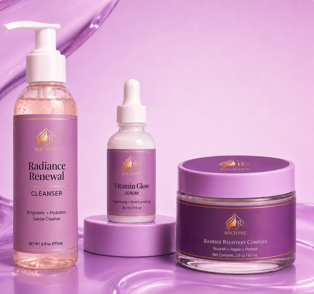 Luxury Rochyne skincare products designed for hydration, restoration, and skin resilience